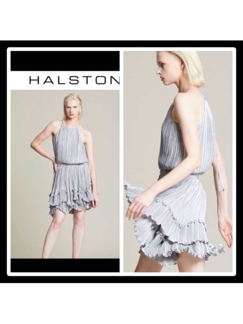Halston Heritage Silver-Grey Pleated Halter Mini Dress